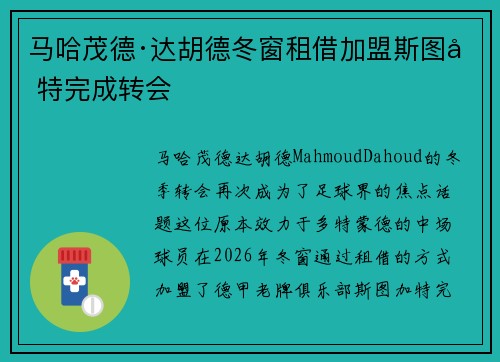 马哈茂德·达胡德冬窗租借加盟斯图加特完成转会 马哈茂德·达胡德冬窗租借加盟斯图加特完成转会